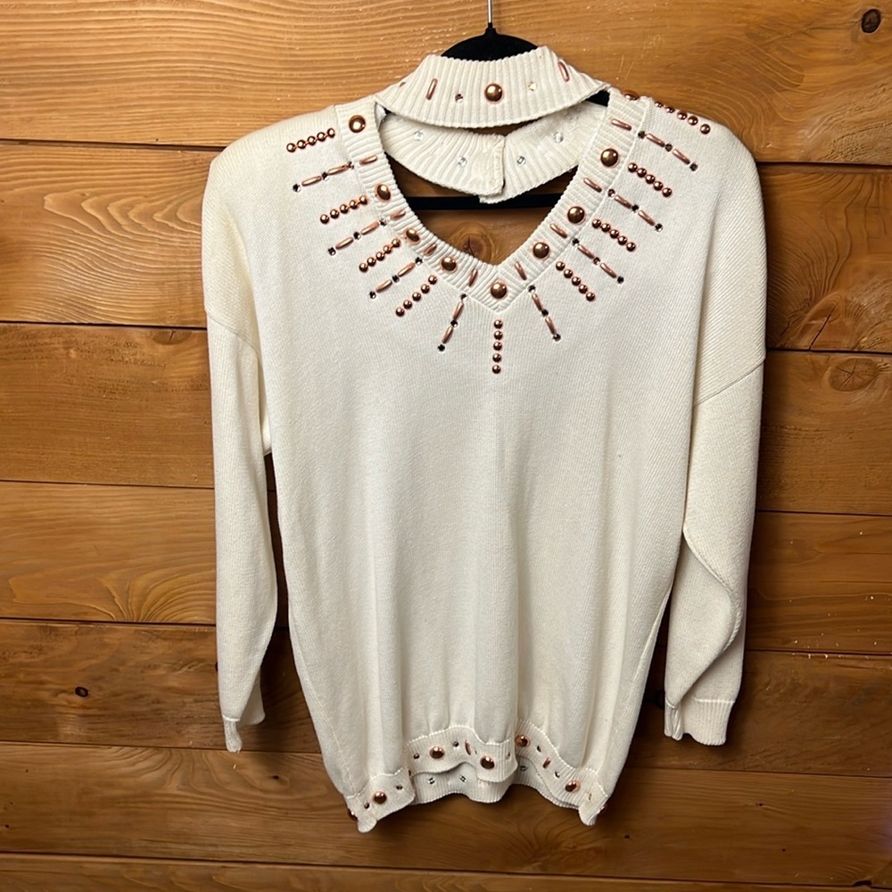Marshall Rousso Las Vegas Womens Vintage Sweater gold Embellished cutโ out neck